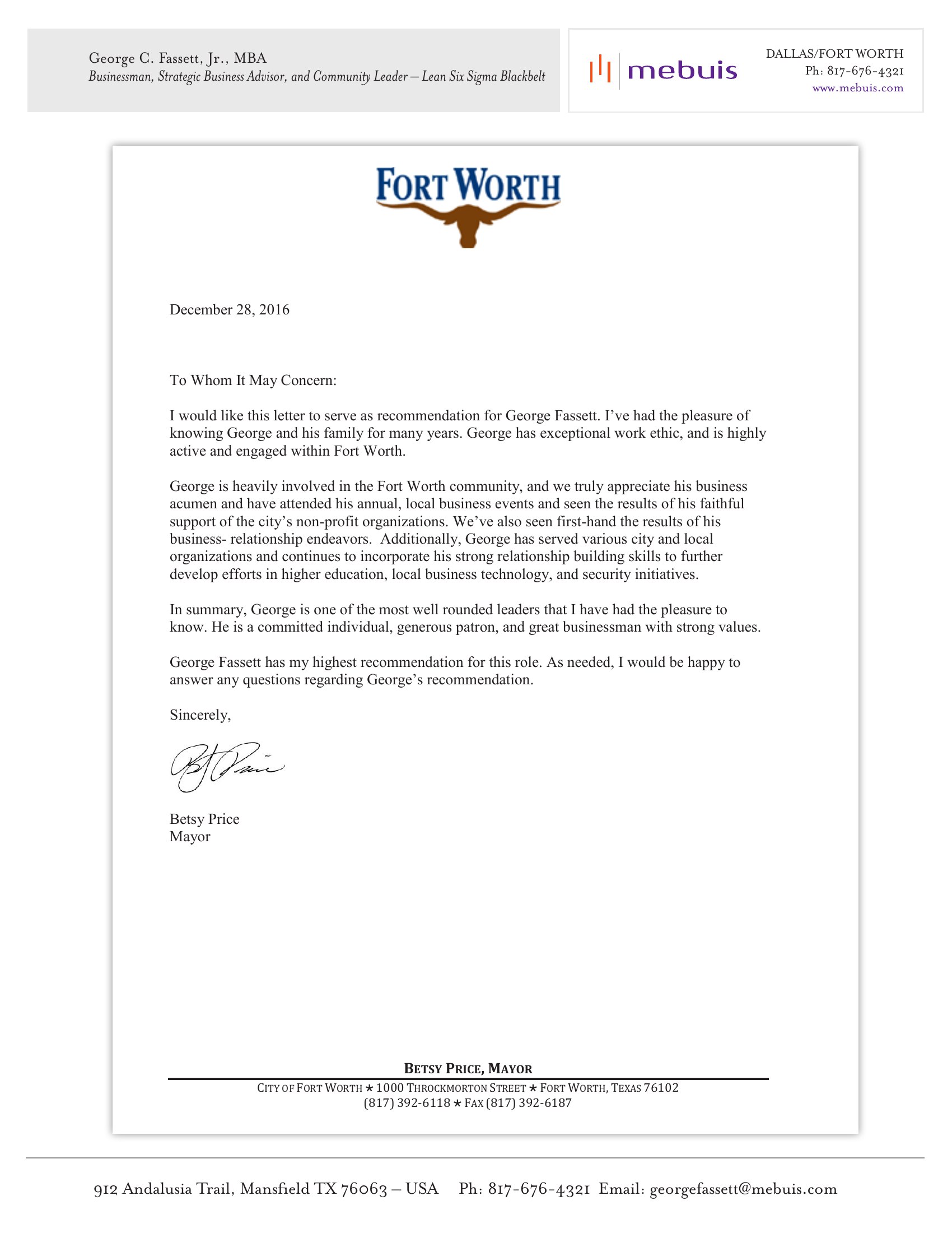Recommendation: Recommendation — Betsy Price, Mayor of Fort Worth