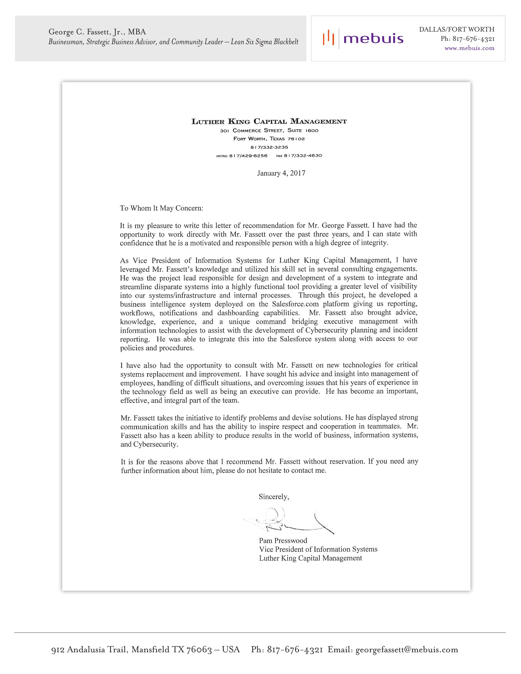 Recommendation: Recommendation — Luther King Capital Management
